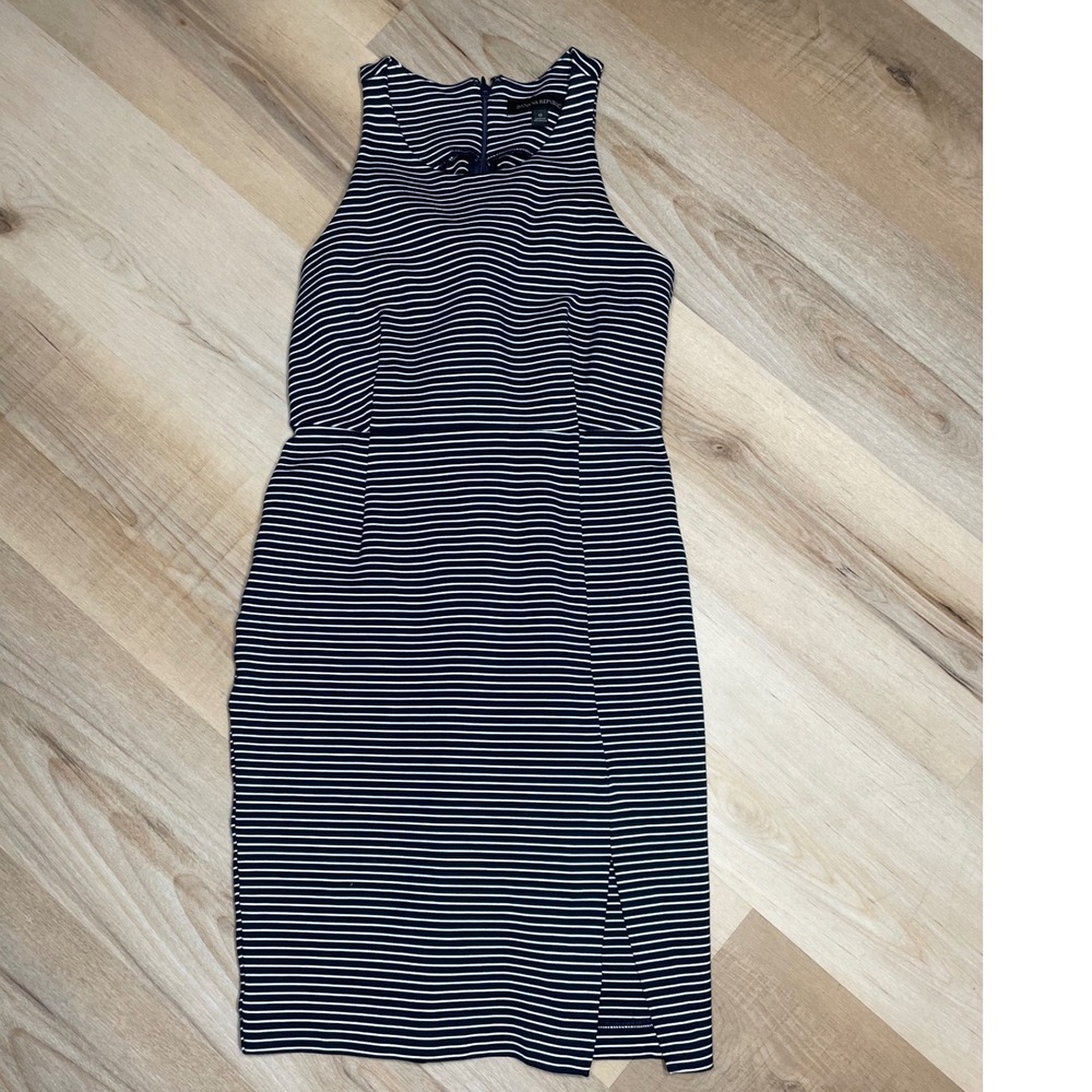 Banana Republic Navy White Striped Sheath Dress Sleeveless Halter Slit Size 0 - Picture 1 of 8